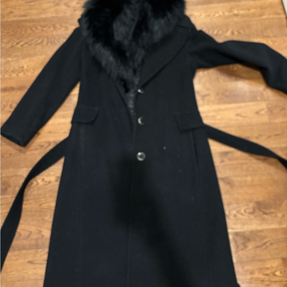 Calvin Klein Black Trench Coat with Fur Collar